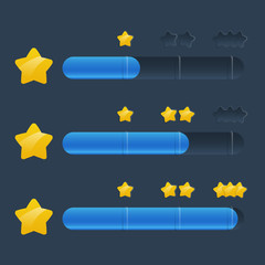 Set of three steps of colorful resource bar with stars isolated on dark background. Vector illustration in cartoon style for game development, gui design.