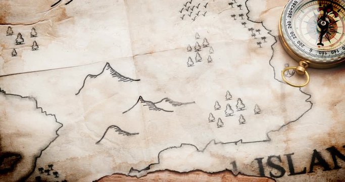 Camera moving above old and Vintage fake Pirate map with red path to Treasure chest. Travel start from ship in right corner and move to center of Fake abstract No name Island. 