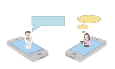 sketches of little people online medical consultation. Hand drawn cartoon vector illustration for medical design and infographics.