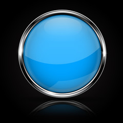 Blue glass button with chrome frame on black background