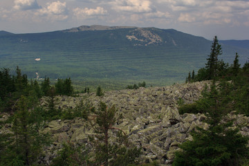 Panoramic view of the mountains and cliffs, South Ural. Summer in the mountains.View from the mountains. The nature of the southern Urals. Travel. Mountains.