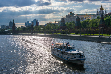Cruise Ship is sailing along the Moskva River, Moscow, Russia