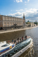 Fototapeta premium Cruise Ship is sailing along the Moskva River, Moscow, Russia