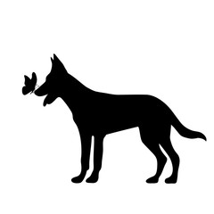 Vector silhouette of dog with butterfly on white background.