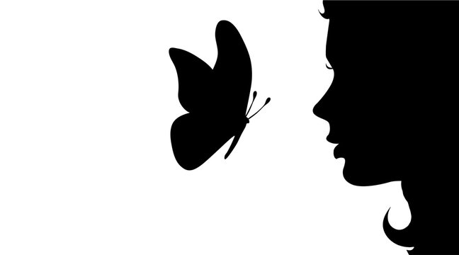 Vector silhouette of girl with butterfly on white background.