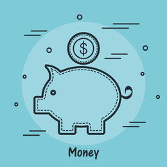Hand drawn piggy bank sticker over teal background. Vector illustration.