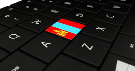 3D rendering close up of Mongolia flag button on laptop keyboard.
