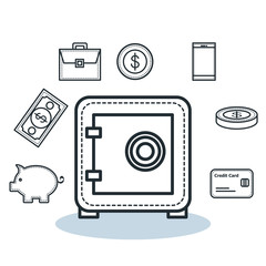 Hand drawn safe and other money related objects over white background. Vector illustration.