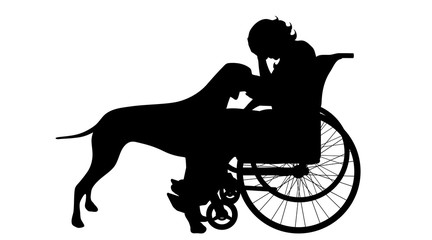 Vector silhouette of woman on wheelchair on white background.