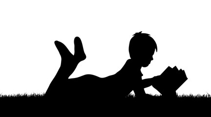 Vector silhouette of boy who read book in grass.