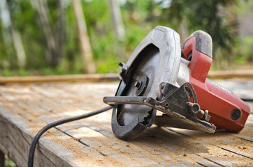 circular saw isolated on table  carpentry workshop