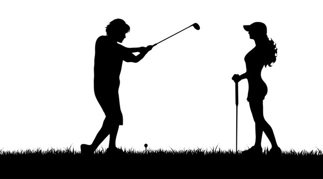 Vector silhouette of couple who play golf on white background.