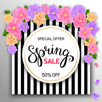Spring sale striped background with beautiful colorful flower with hand lettering. Template, banners, wallpaper, flyers, invitation, posters, brochure, voucher discount. Vector illustration