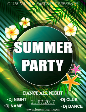 Summer Party Poster with palm leaf and tropical flowers. Background Template. Festival Vector mockup. DJ poster design. DJ background. Vector illustration