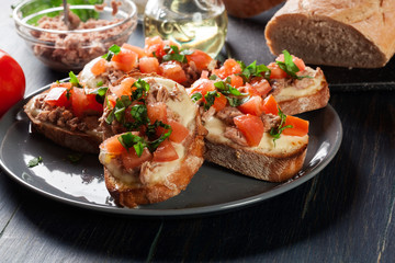 Appetizer bruschetta with tuna, mozarella cheese and tomatoes