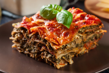Piece of tasty hot lasagna with spinach on a plate