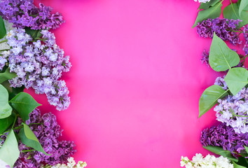 Lilac fresh blue, violet and white flowers borders on pink background with copy space