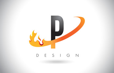P Letter Logo with Fire Flames Design and Orange Swoosh.