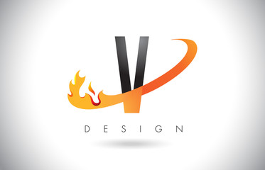 V Letter Logo with Fire Flames Design and Orange Swoosh.