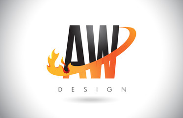 AW A W Letter Logo with Fire Flames Design and Orange Swoosh.