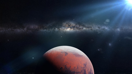 planet Mars during the Martian winter in front of the Milky Way galaxy and the sun