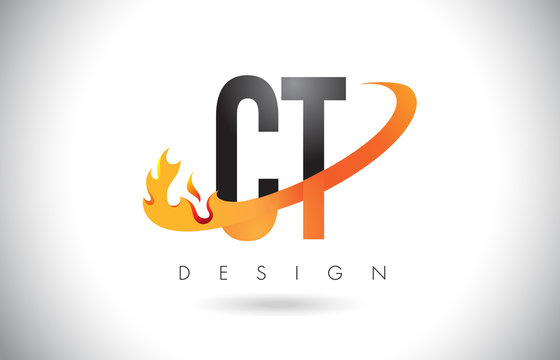 CT C T Letter Logo with Fire Flames Design and Orange Swoosh.