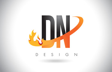 DN D N Letter Logo with Fire Flames Design and Orange Swoosh.