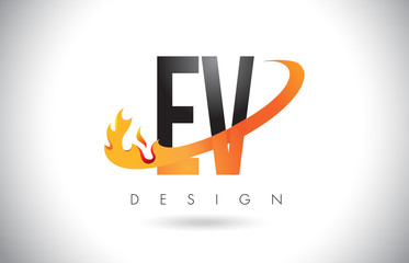 EV E V Letter Logo with Fire Flames Design and Orange Swoosh.