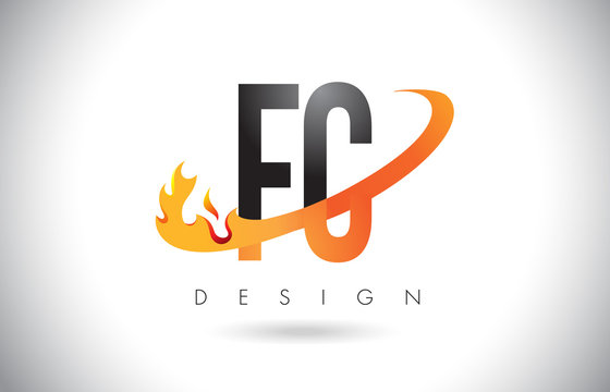 FC F C Letter Logo with Fire Flames Design and Orange Swoosh.