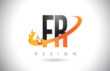 FR F R Letter Logo with Fire Flames Design and Orange Swoosh.
