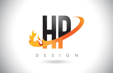 HP H P Letter Logo with Fire Flames Design and Orange Swoosh.