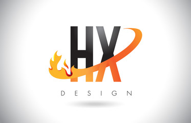 HX H X Letter Logo with Fire Flames Design and Orange Swoosh.