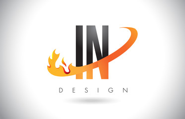 IN I N Letter Logo with Fire Flames Design and Orange Swoosh.