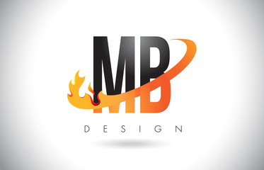 MB M B Letter Logo with Fire Flames Design and Orange Swoosh.