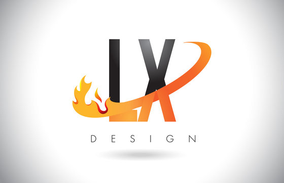 LX L X Letter Logo with Fire Flames Design and Orange Swoosh.