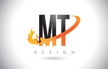 MT M T Letter Logo with Fire Flames Design and Orange Swoosh.