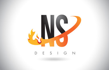 NS N S Letter Logo with Fire Flames Design and Orange Swoosh.