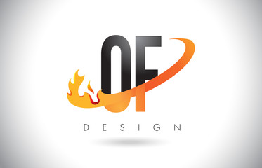 OF O F Letter Logo with Fire Flames Design and Orange Swoosh.