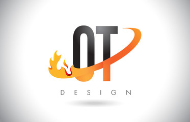 OT O T Letter Logo with Fire Flames Design and Orange Swoosh.
