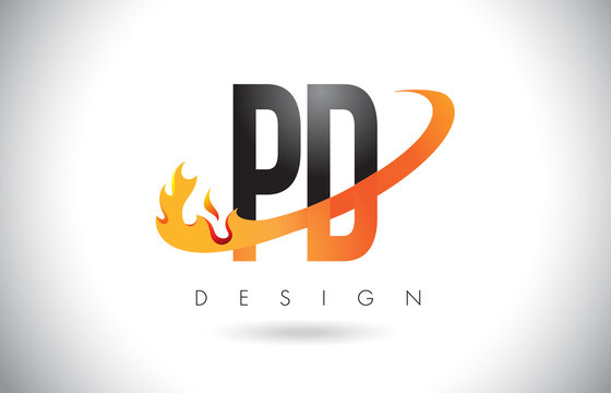 PD P D Letter Logo with Fire Flames Design and Orange Swoosh.