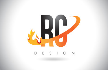 Fototapeta na wymiar RC R C Letter Logo with Fire Flames Design and Orange Swoosh.