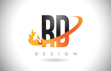 RD R D Letter Logo with Fire Flames Design and Orange Swoosh.