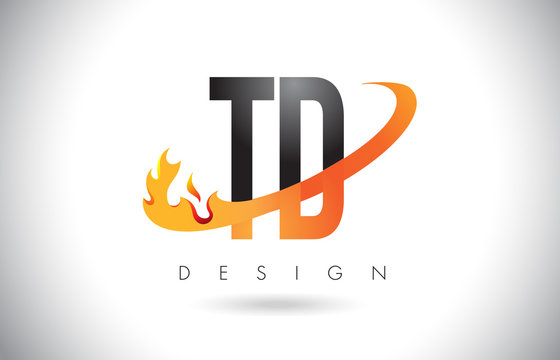 TD T D Letter Logo with Fire Flames Design and Orange Swoosh.