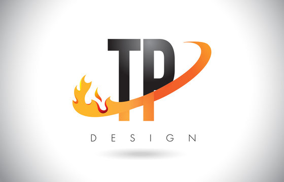 TP T P Letter Logo with Fire Flames Design and Orange Swoosh.