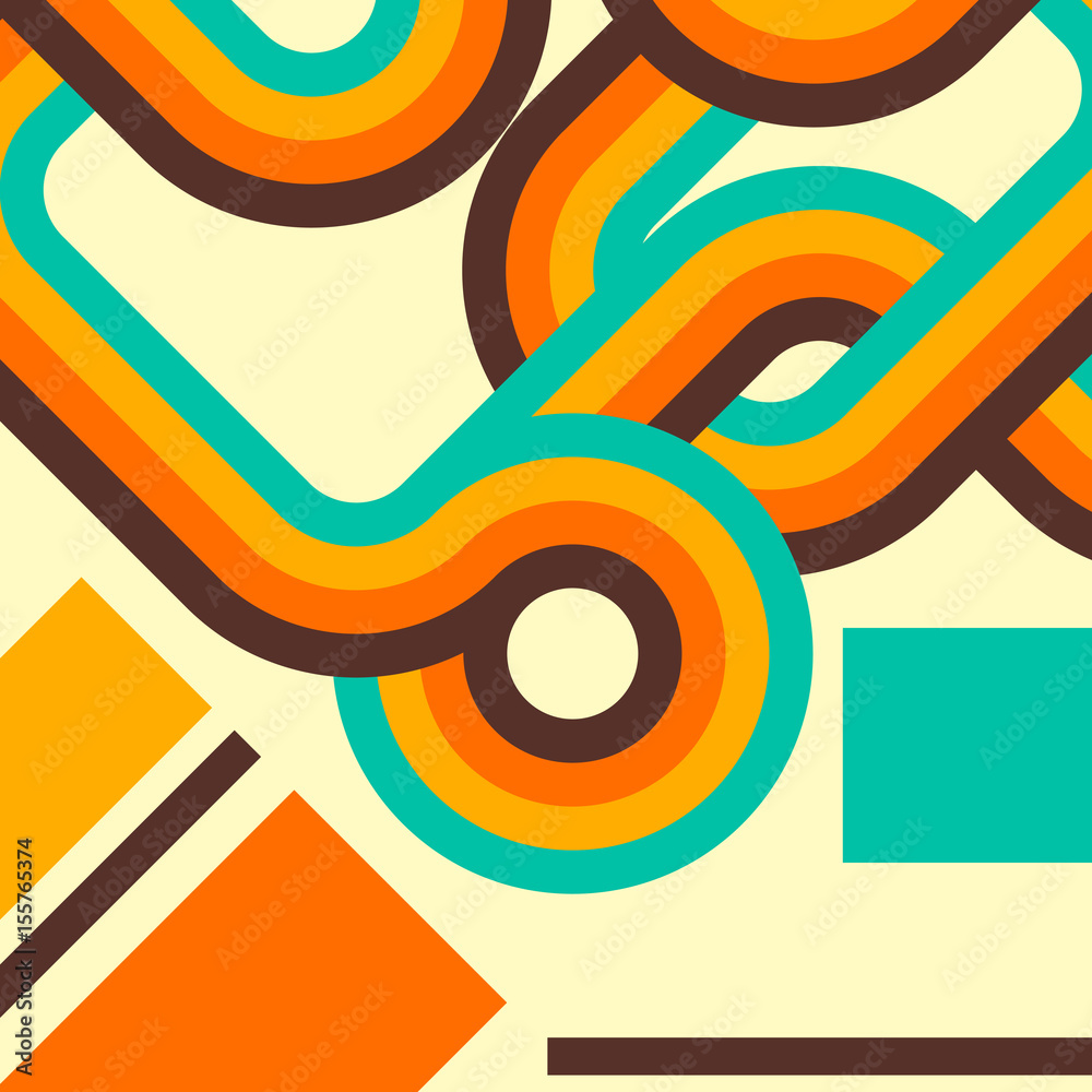 Poster abstract retro background, digital lines and circles, design 70s.