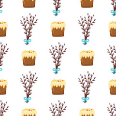 Seamless Pattern in Easter Concept Willow and Cake
