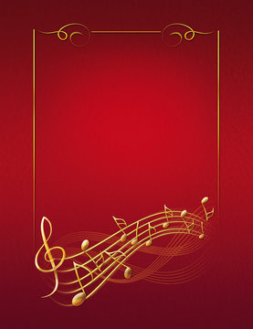 red musical background with gold frame notes and treble clef