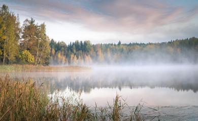 Fototapeta premium Scenic landscape with lake and fall colors at morning light