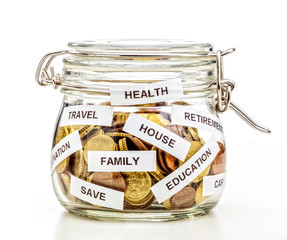 glass jar with coins