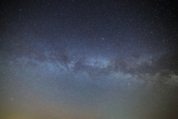 View of the Milky Way Galaxy in the night sky with bright stars. Astrophotography of outer space.